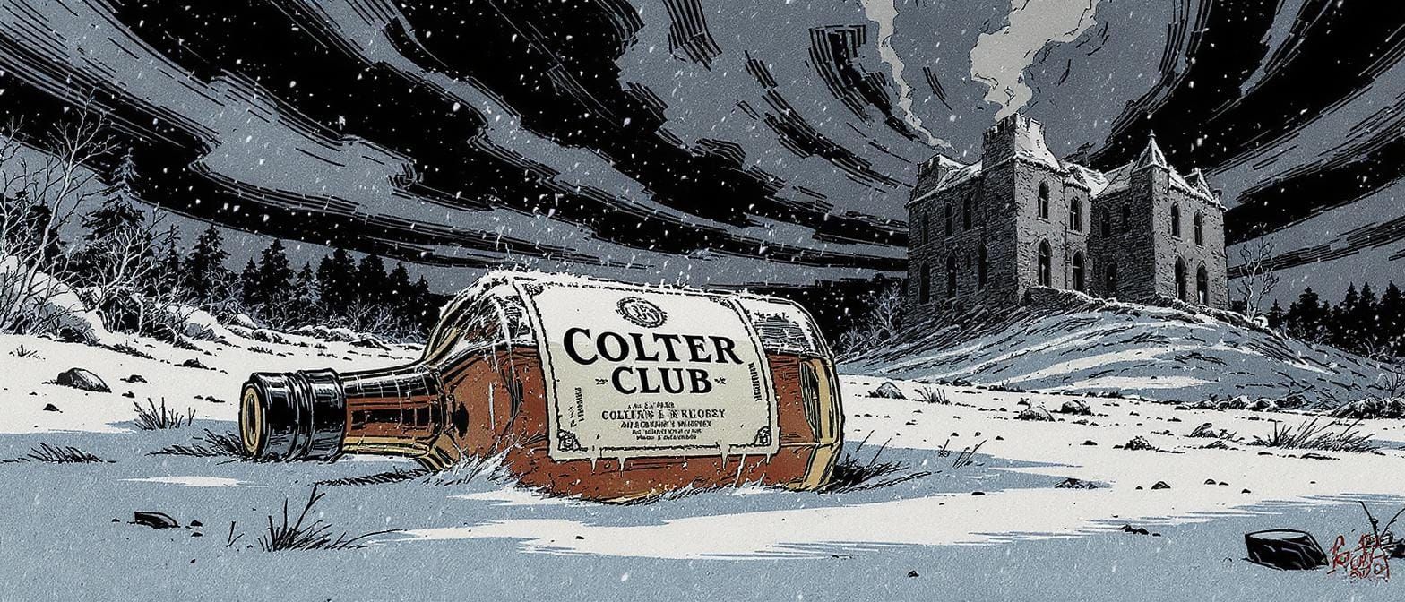 Whisky Bottle in Snowy Landscape, Comic Book Style