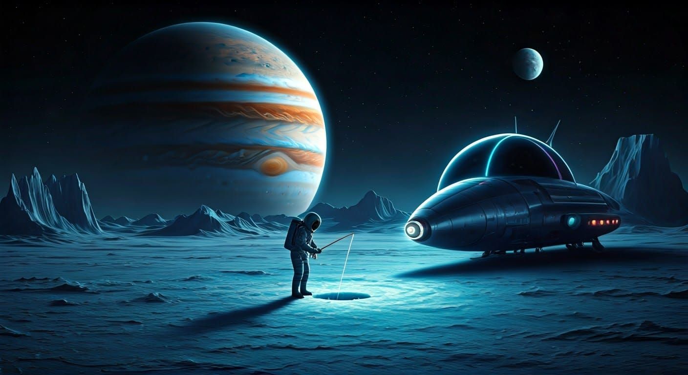 Cosmic Ice Fisherman on Europa's Glacial Surface