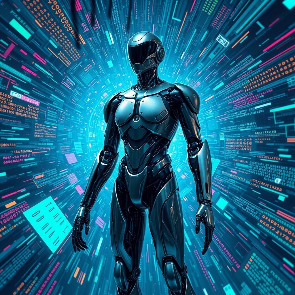 Cyberpunk Cyborg in Glitch Art Vortex