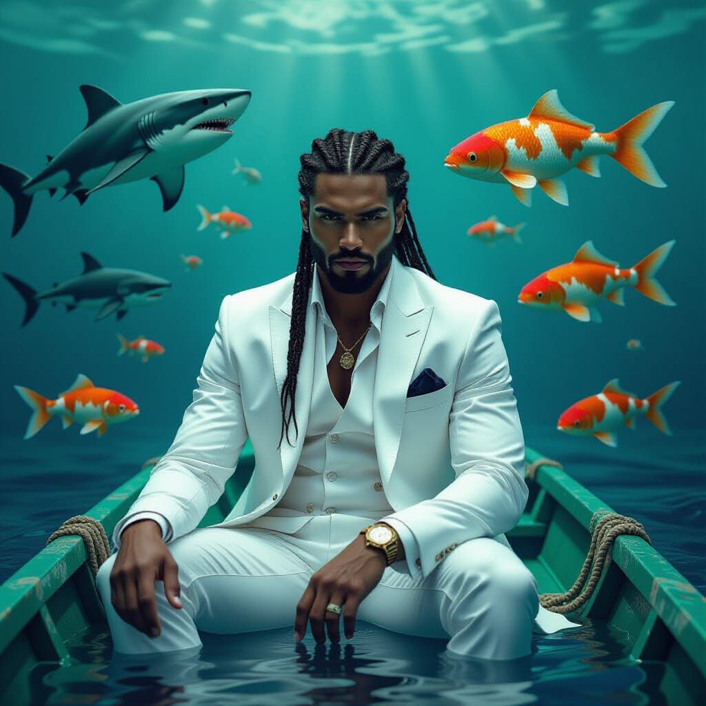 Man on Boat with Sharks and Koi Fish