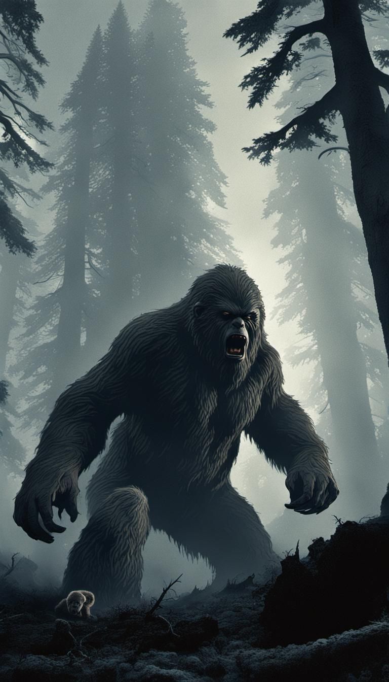 IMAX: (Sasquatch:1.1) battles a Kodiak (grizzly bear:1.3) with rage in its eye's,Dark novel Mandelbulber3d; marvel comic...