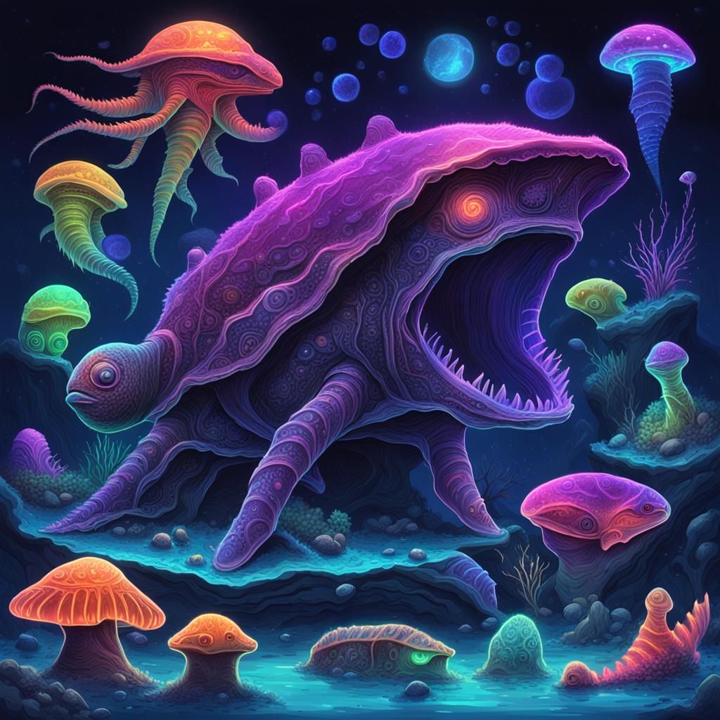 Bioluminescent Alien Creatures in a Neon Sea