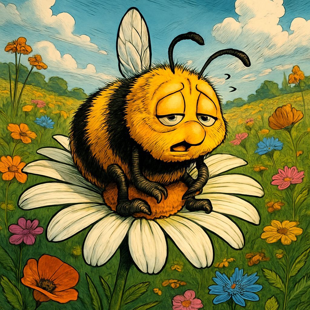 Sleepy Bumblebee in Flowery Meadow Comic Illustration