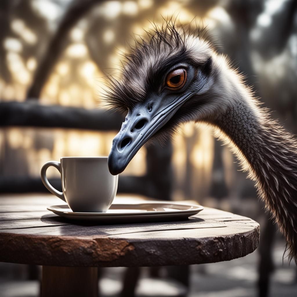 Hyperrealistic Emu Drinking Coffee in HDR