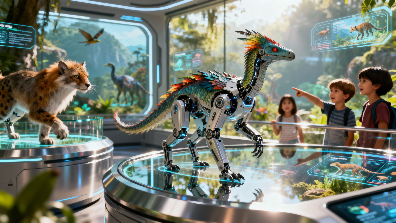 Futuristic Zoo Morning: Robotic Creatures in High-Tech Enclo...