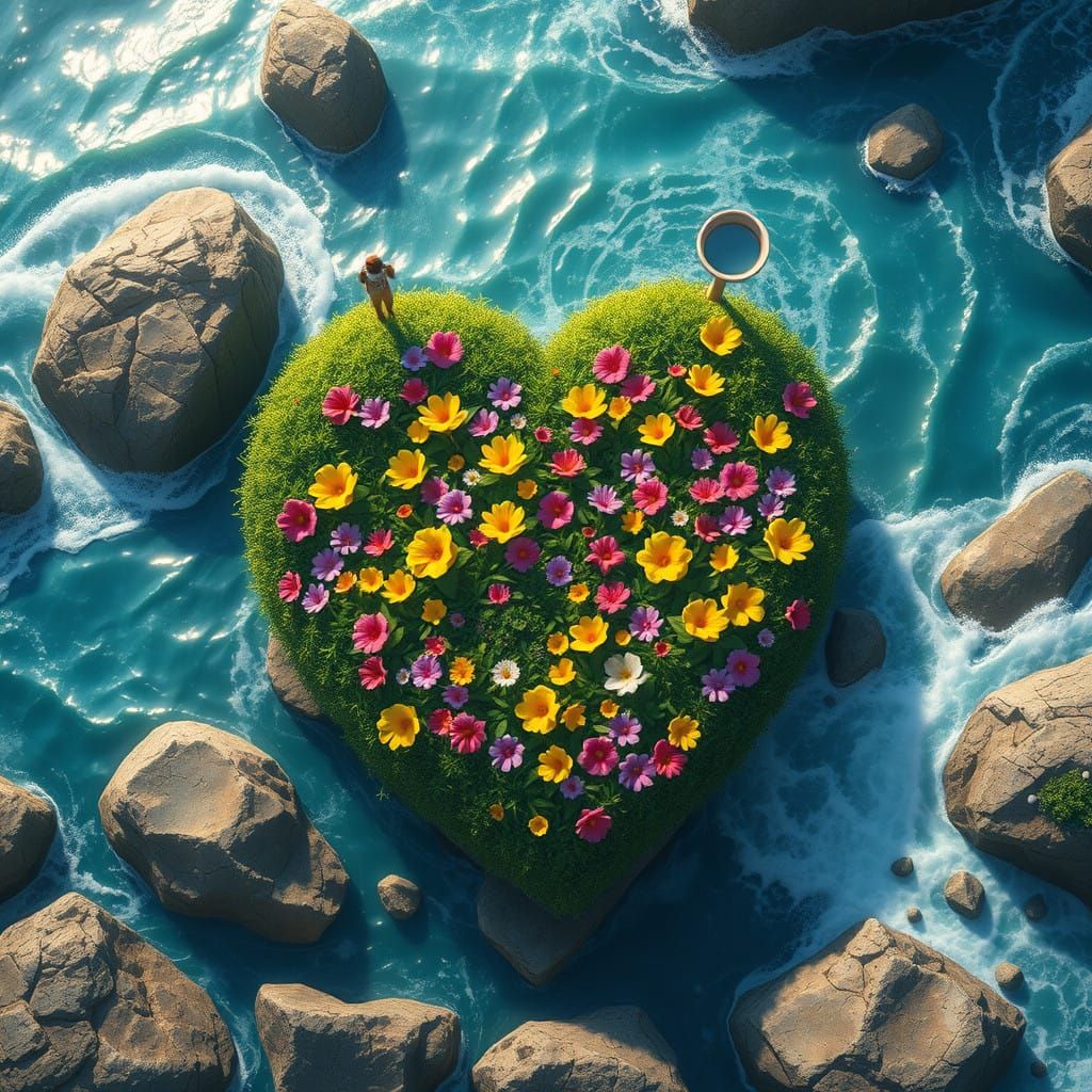 Dreamy Oceanic Heart-Shaped Garden in Vibrant Green and Yell...