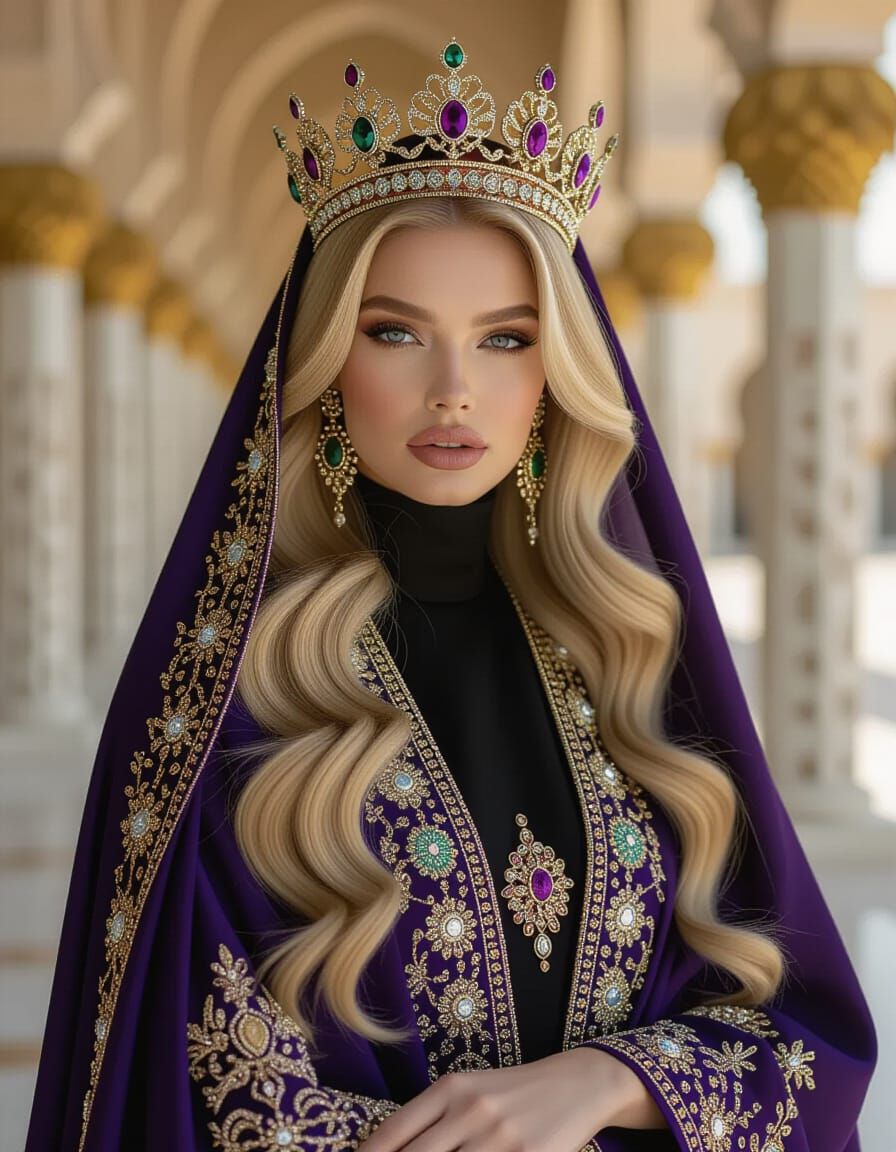 Majestic Blonde Model in Regal Crown and Abaya