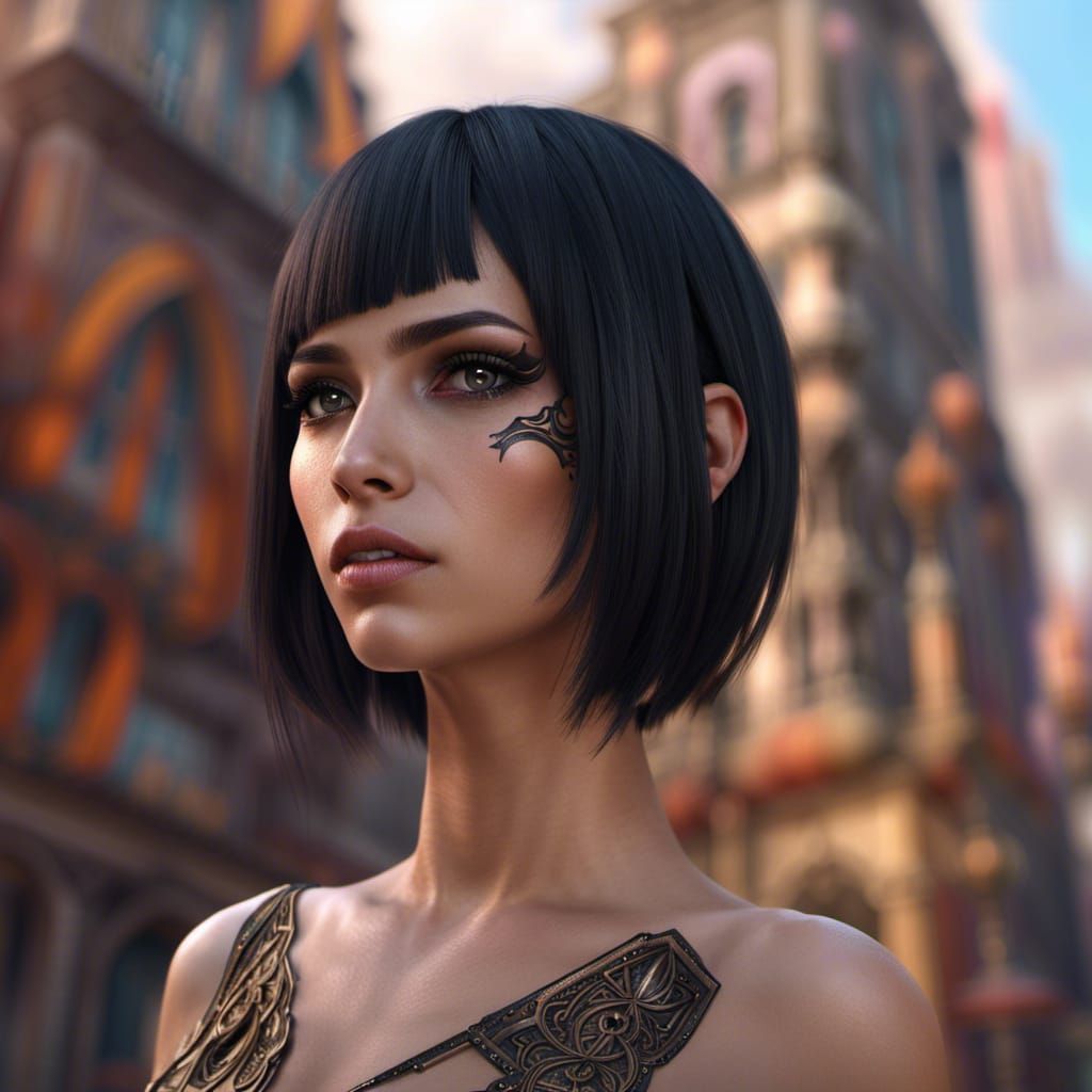 Fantasy Portrait of Woman with Black Bob Haircut