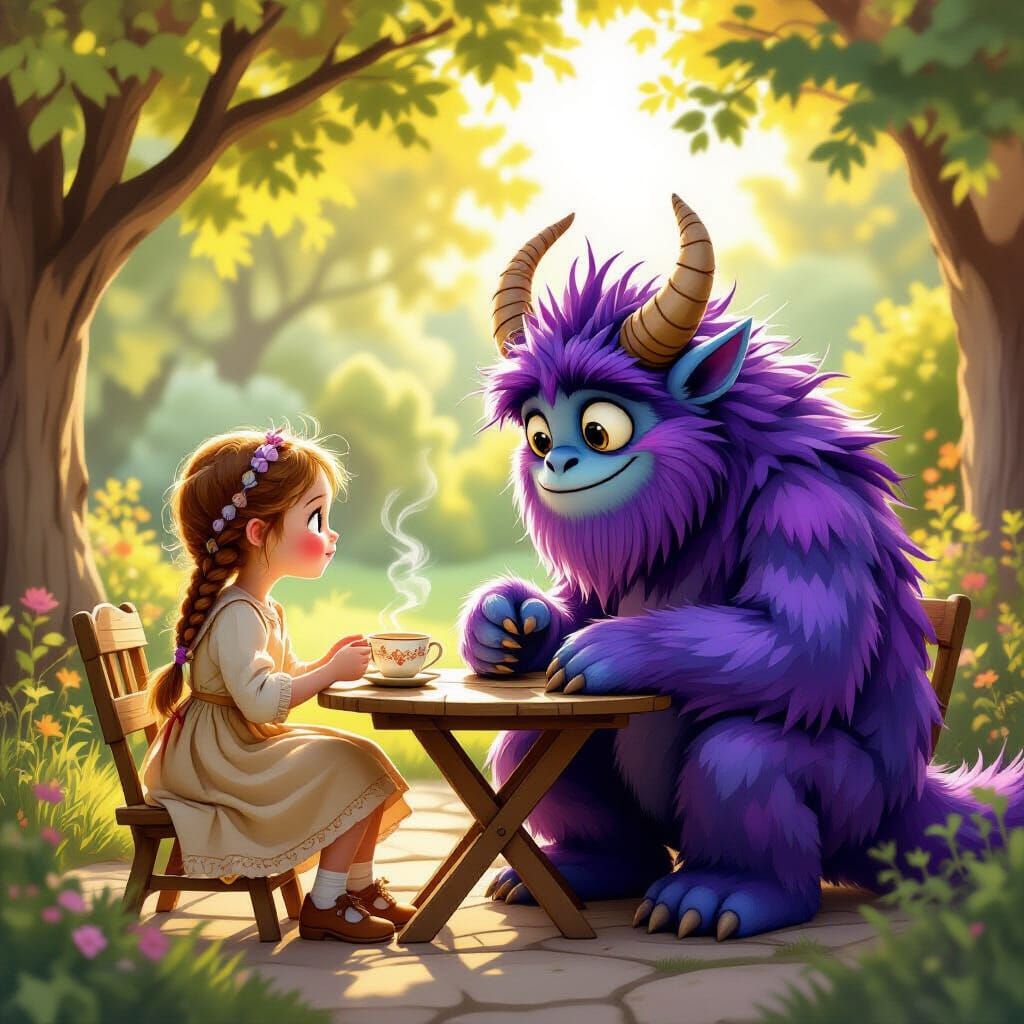 Medieval Girl Shares Tea With Purple Monster