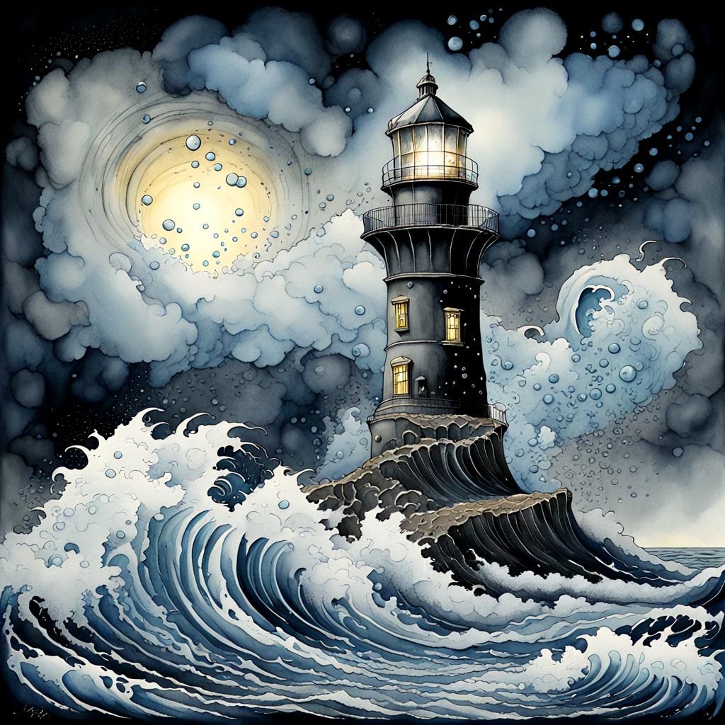 Hurricane Waves Crash Over Lighthouse: Watercolor Art
