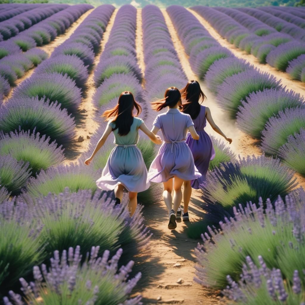 Korean Girls in Lavender Fields Chase a Train