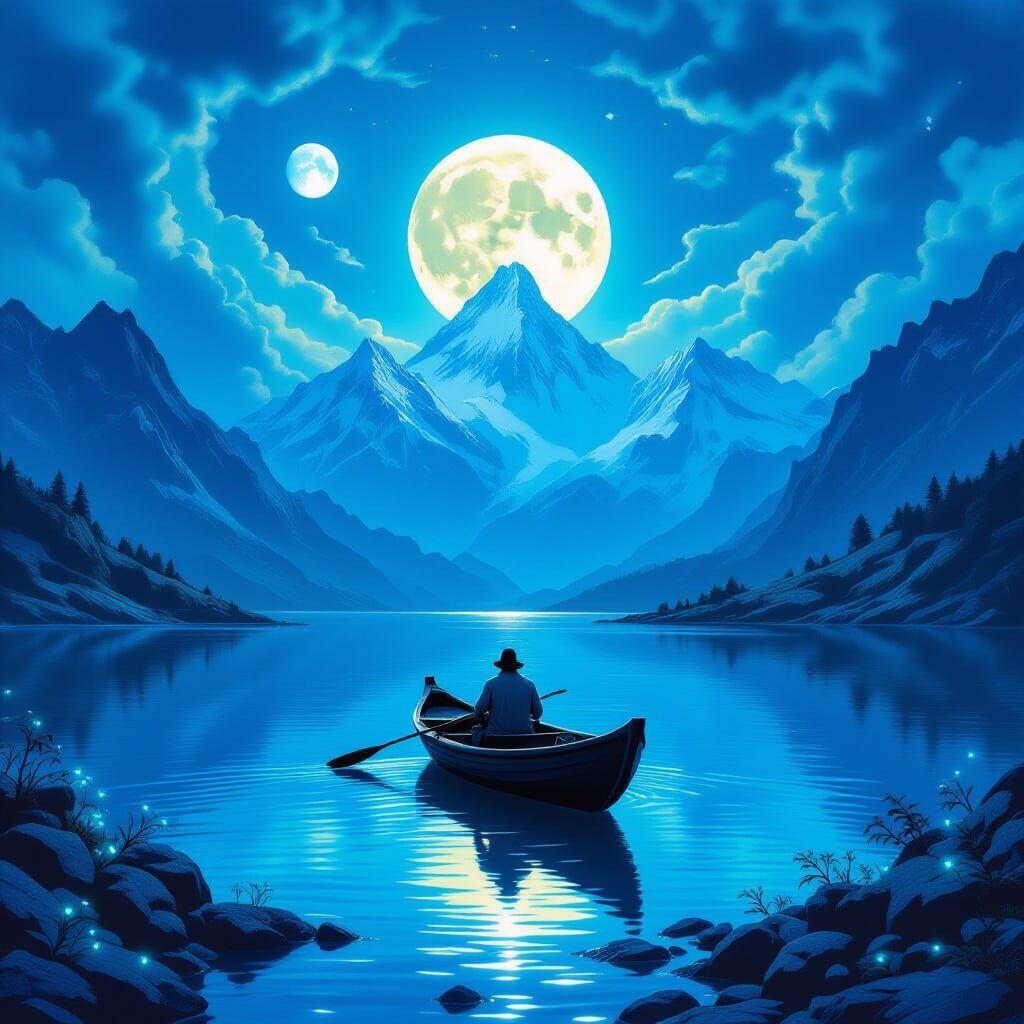 Mystical Himalayas Scene: Fisherman Under Twin Moons