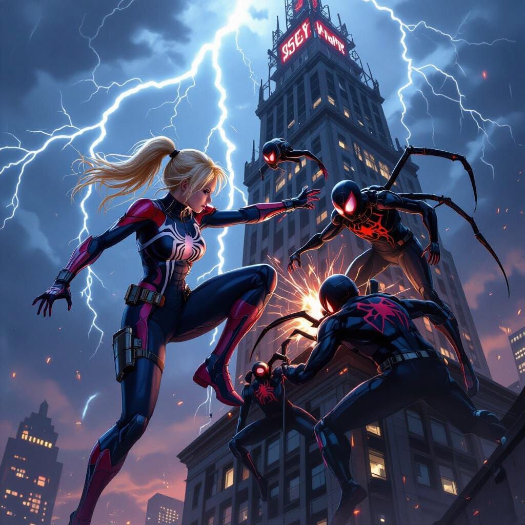 Gwen Stacy Fights Spider Robots Atop Oscorp Tower