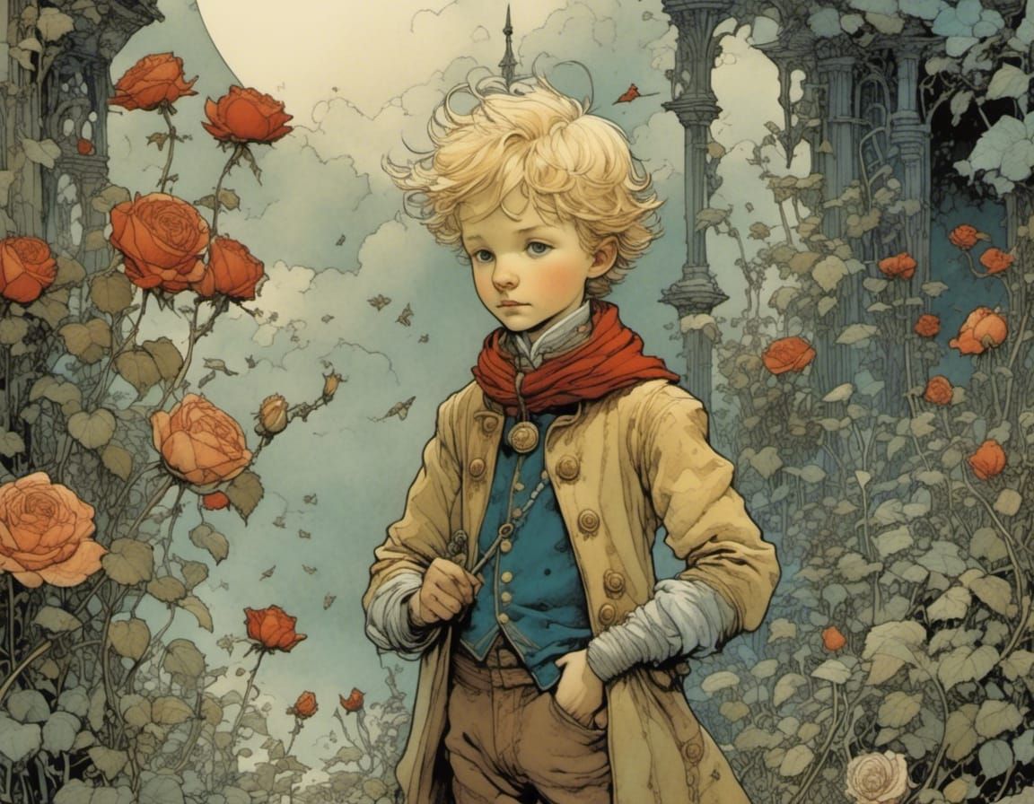 The Little Prince and His Enchanting Rose in Whimsical Illus...