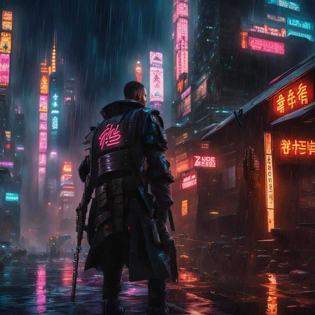 Cyborg Samurai in Neon City Cyberpunk Style