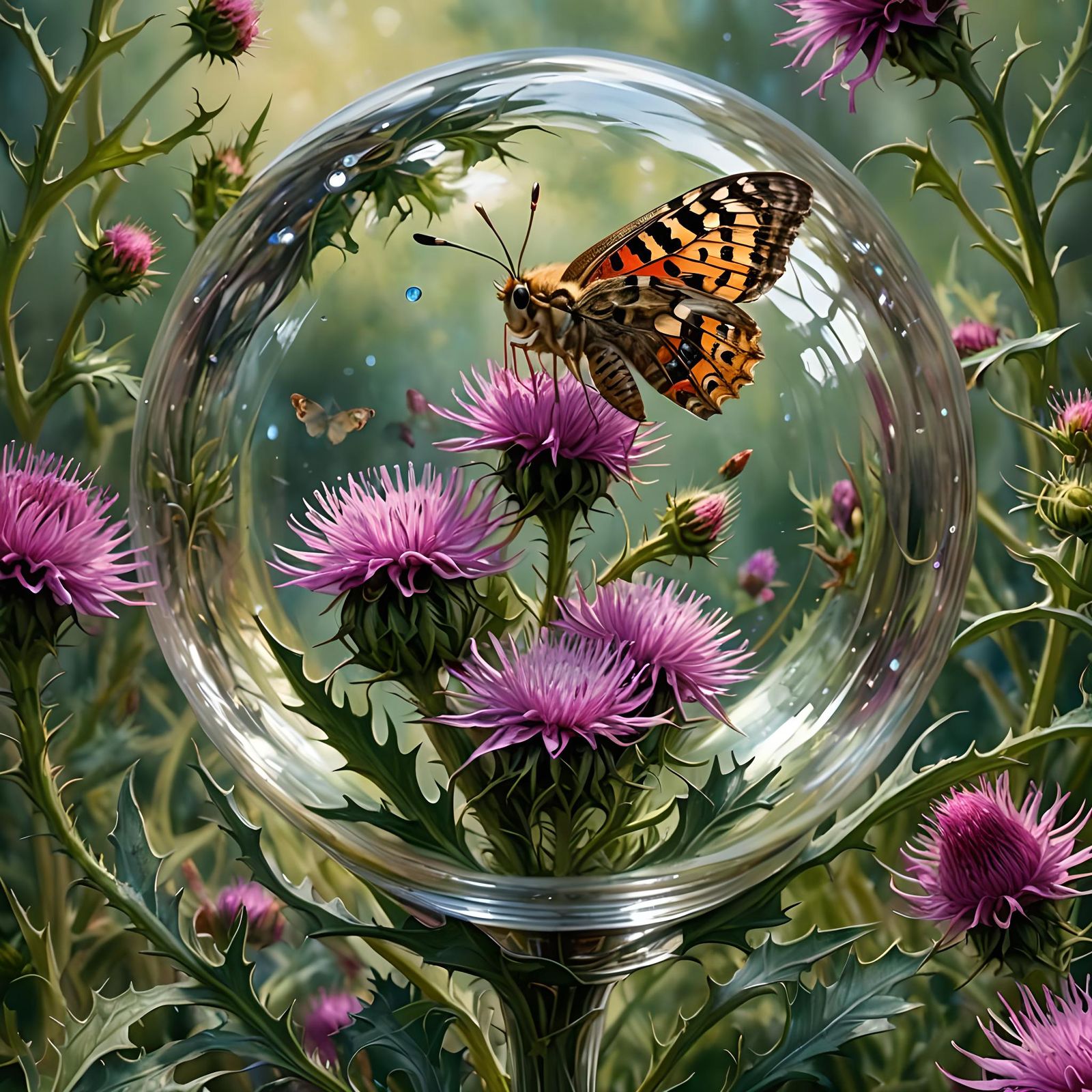 Moth and Thistle in Glass Orb: Hyperrealistic Ink Art