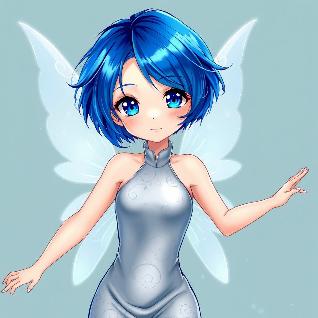 Anime Fairy with Blue Hair and Silver Dress