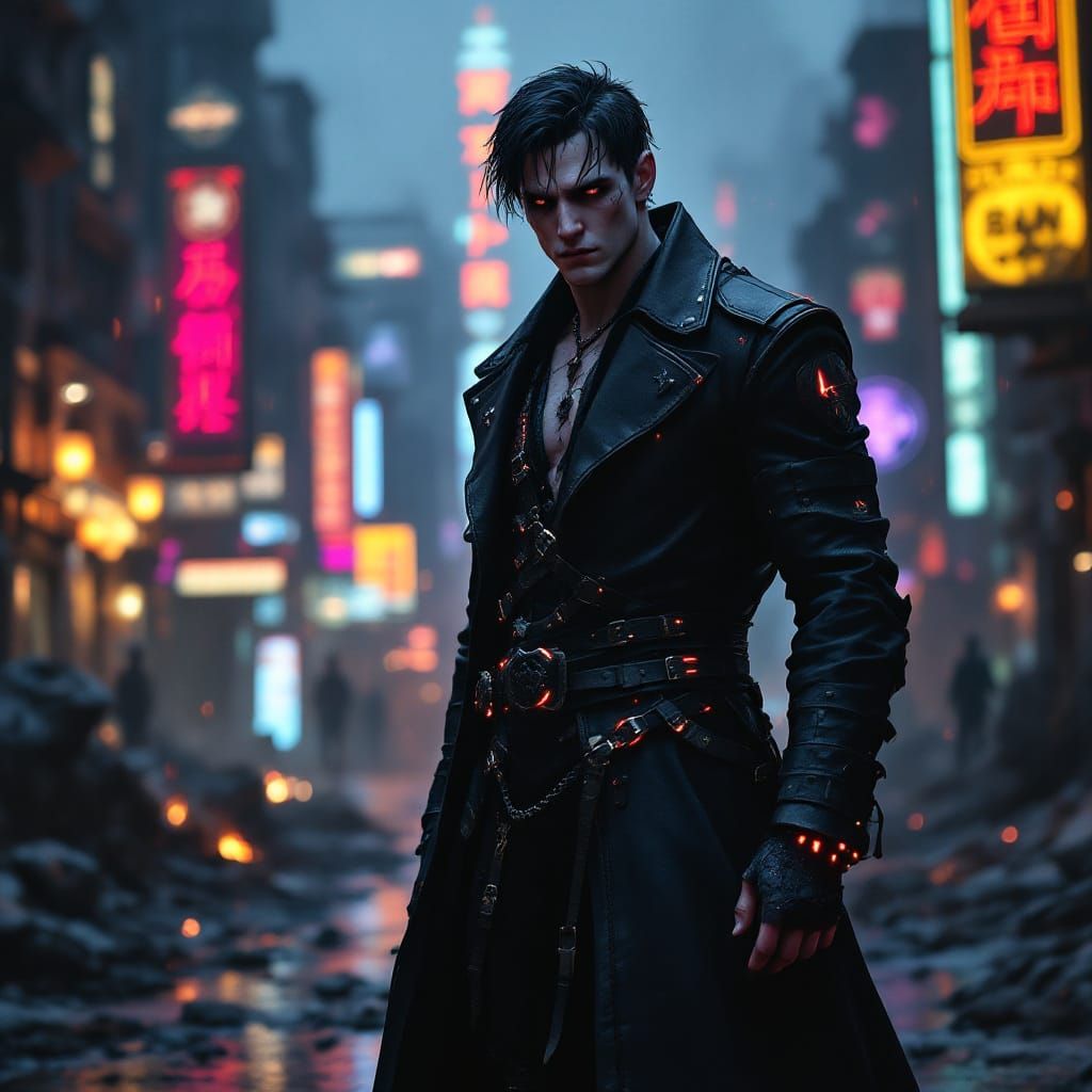 Cyberpunk Warrior in Ruined Cityscape at Night