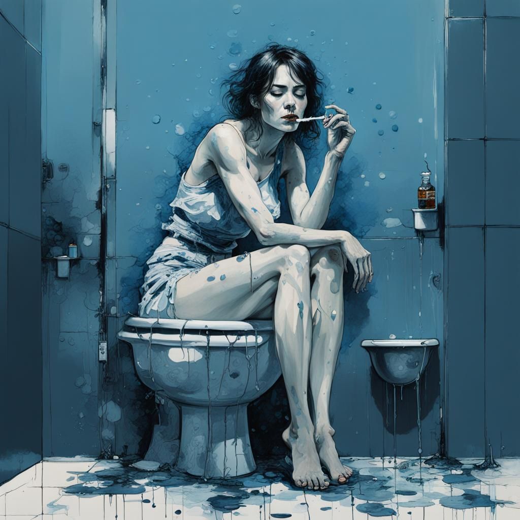 Woman's Quiet Moment in Luminous Blue Bathroom