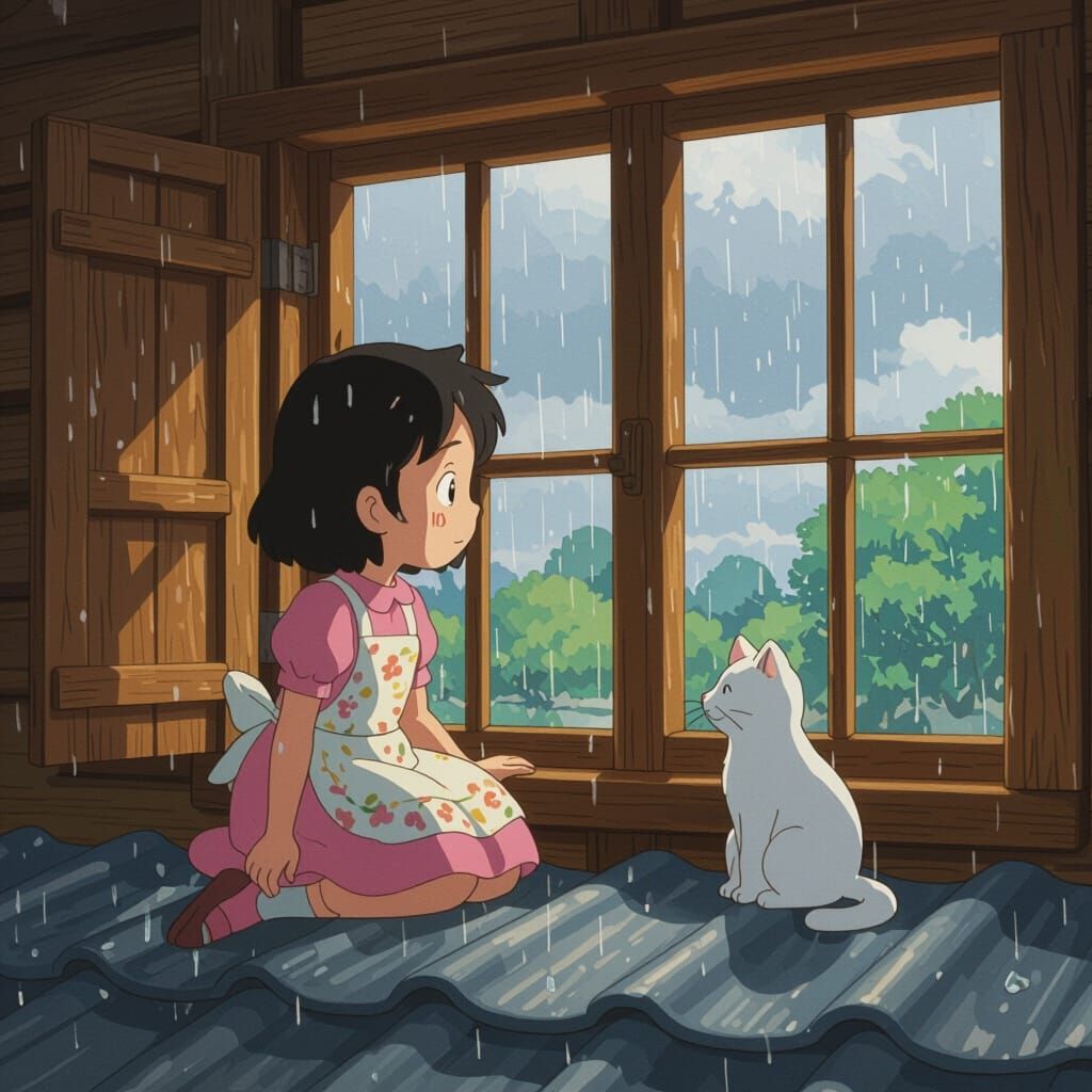 Cozy Village House Scene: Girl Watches Rainy Day