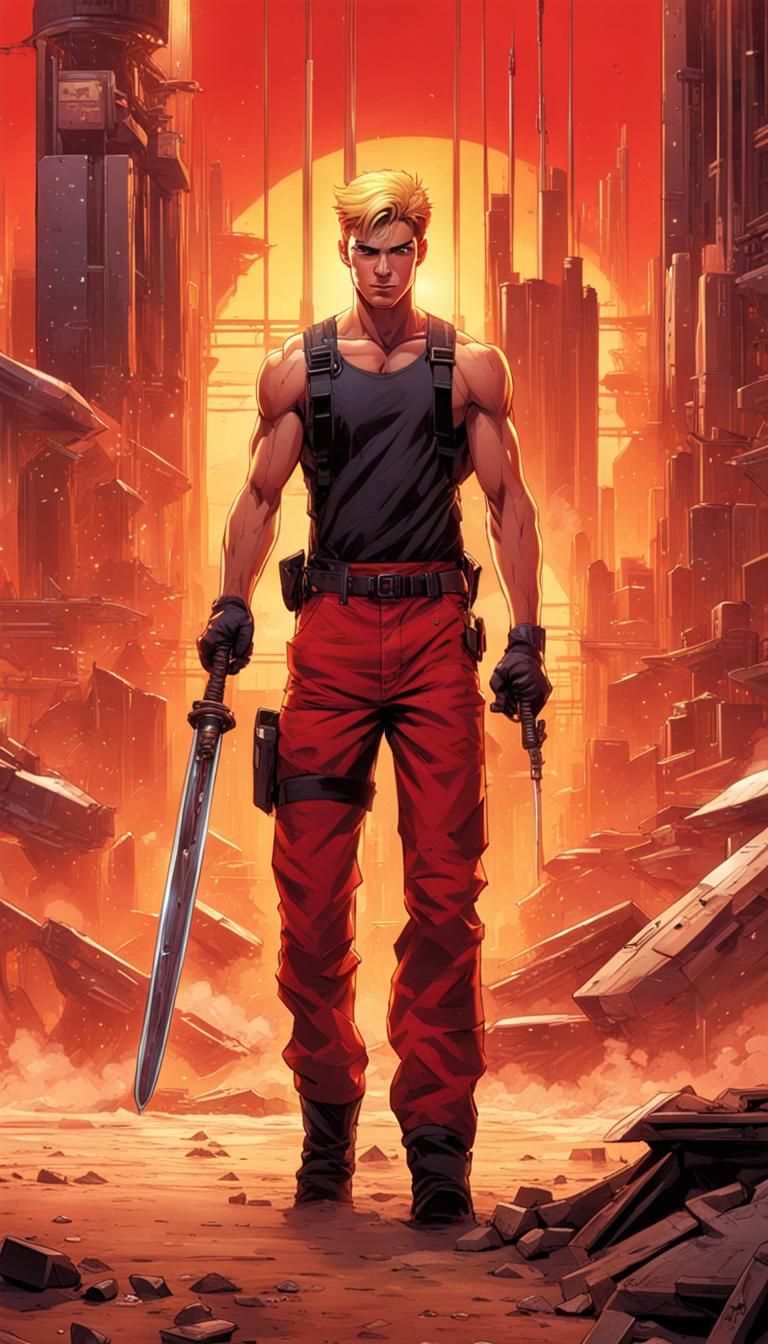 Golden-Eyed Warrior with Sword in Cyberpunk Style