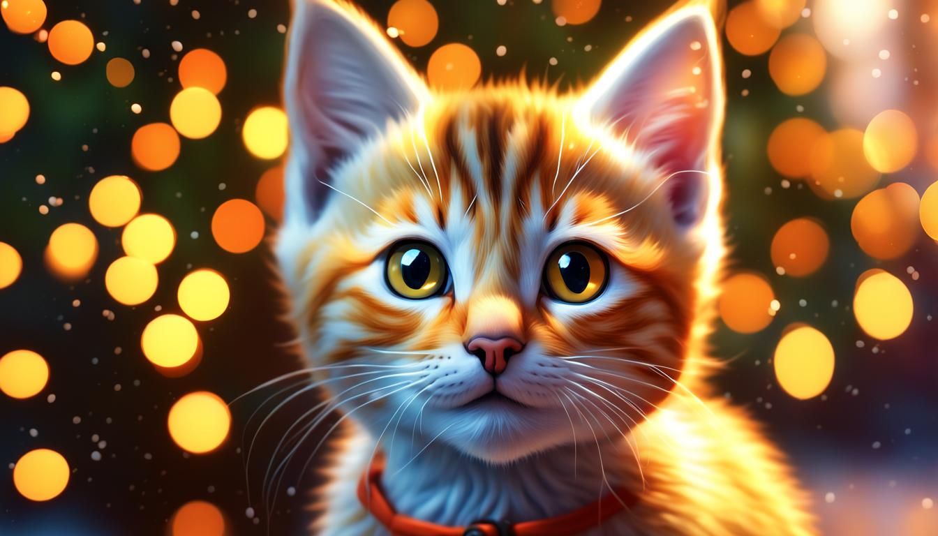 Cute Kitten Portrait with Christmas Lights