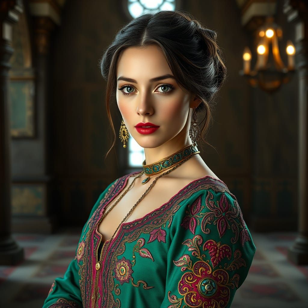 Woman in Emerald Dress in Quantum Castle
