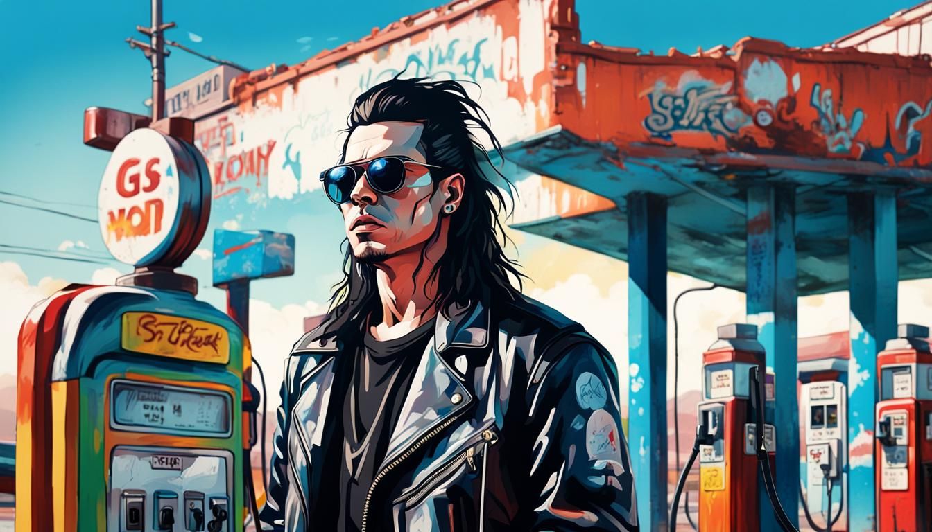 Singer at Gas Pump in Graffiti Street Art Style