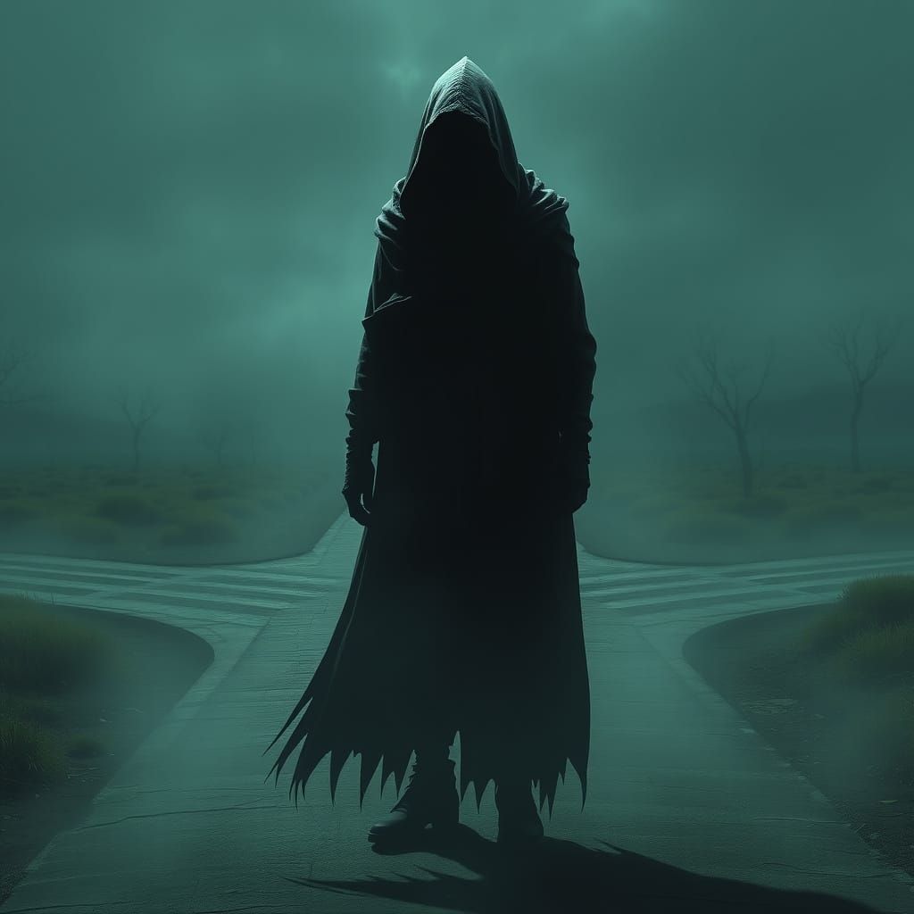 Ominous Cloaked Figure at Crossroads in Dark Futurism