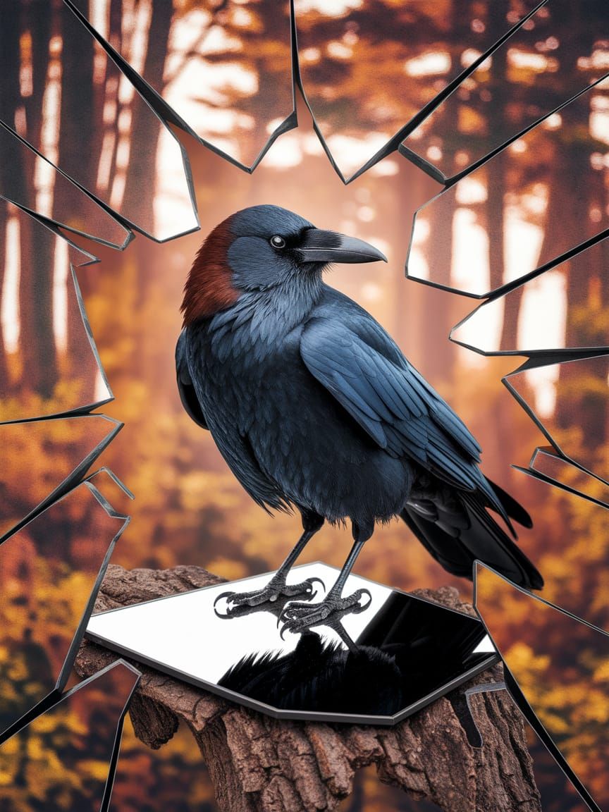 Sleek Crow Reveals Elegant Beauty in Shattered Reflection