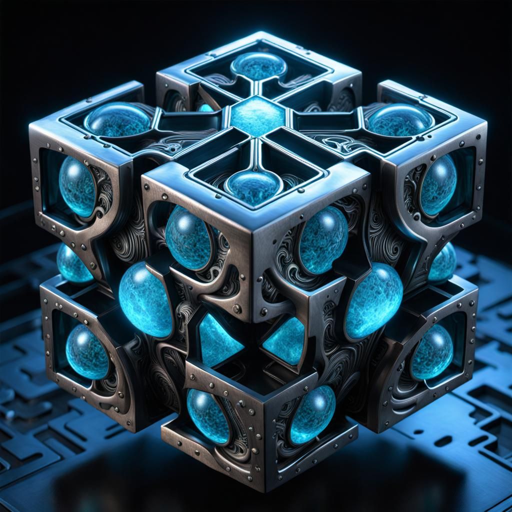 Intricate Bioluminescent Puzzle Cube in Surreal Style