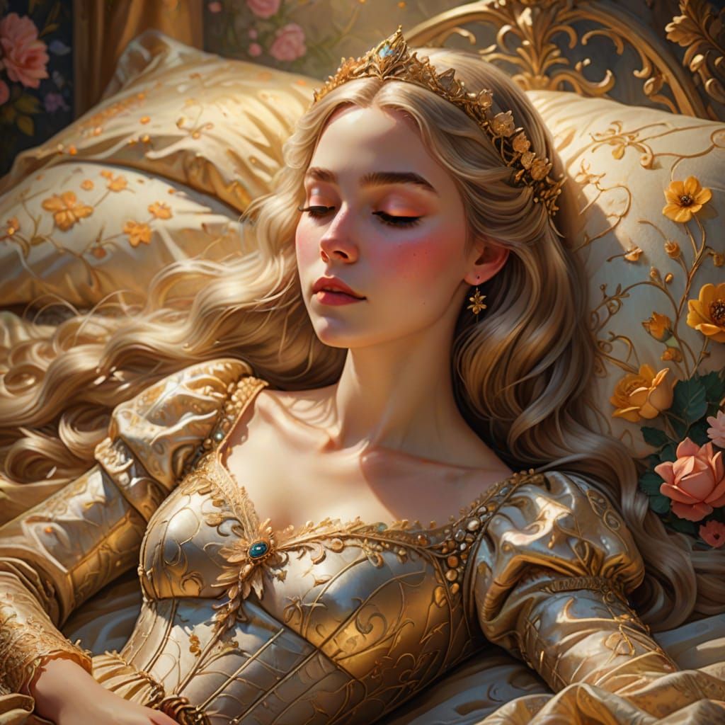 Romantic Fantasy Portrait of Sleeping Beauty in Golden Light