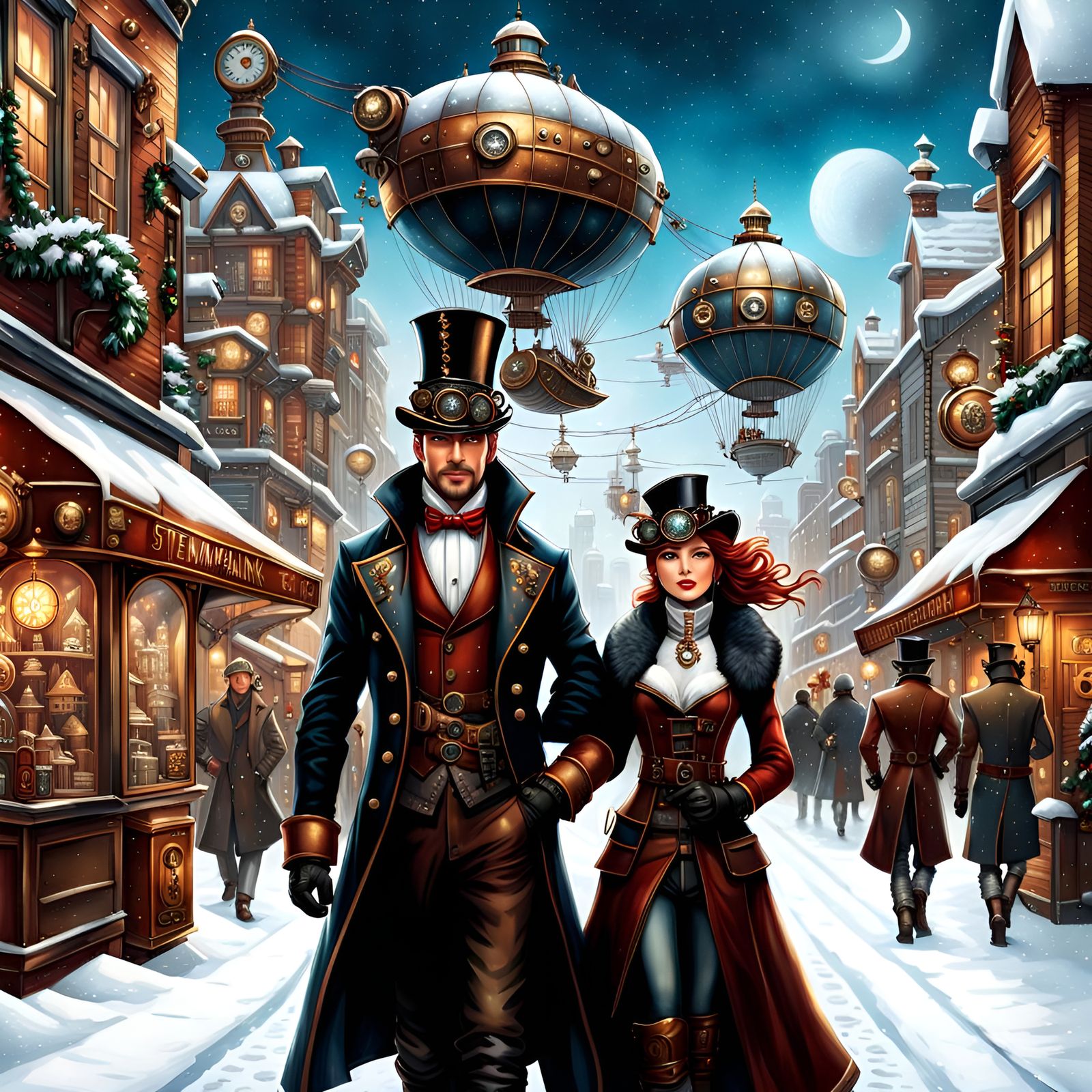 Steampunk Couple in Christmas Cityscape