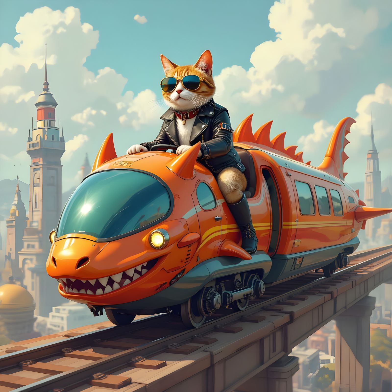 Cat Riding a Dragon Train