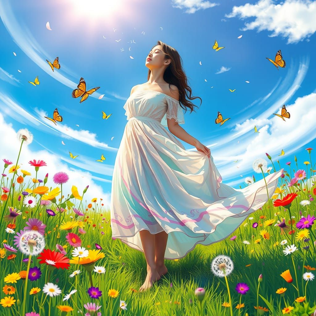 Woman in Gown Basking in Sunny Anime Meadow