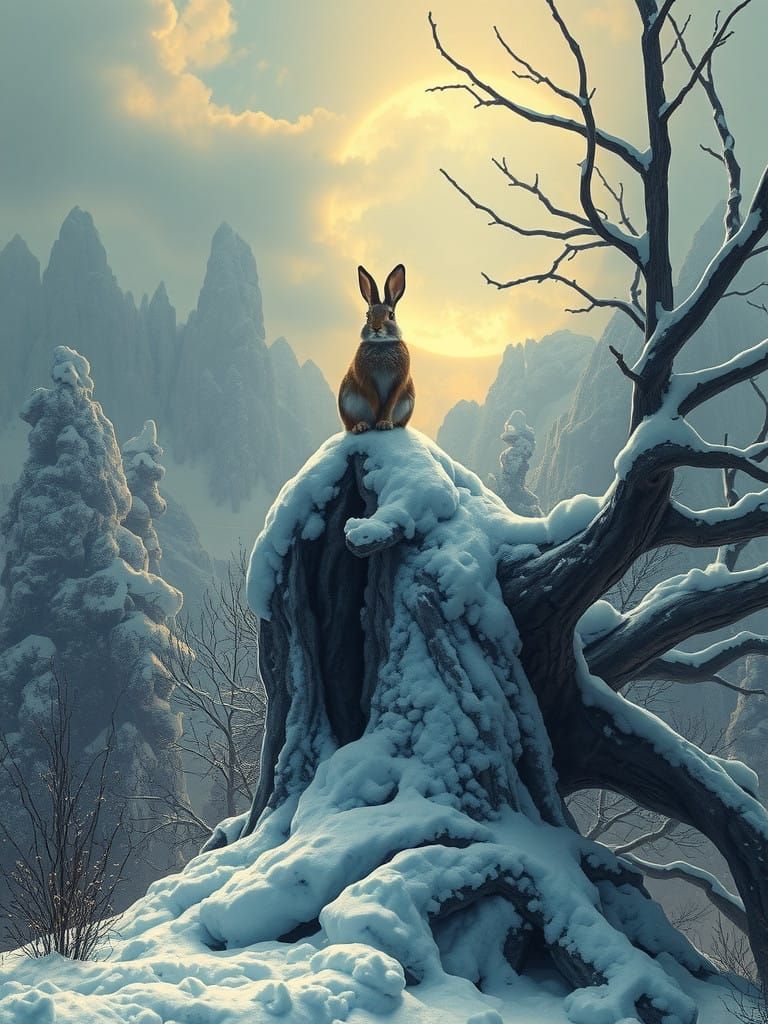 Majestic Rabbit in a Frosty, Mystical Landscape