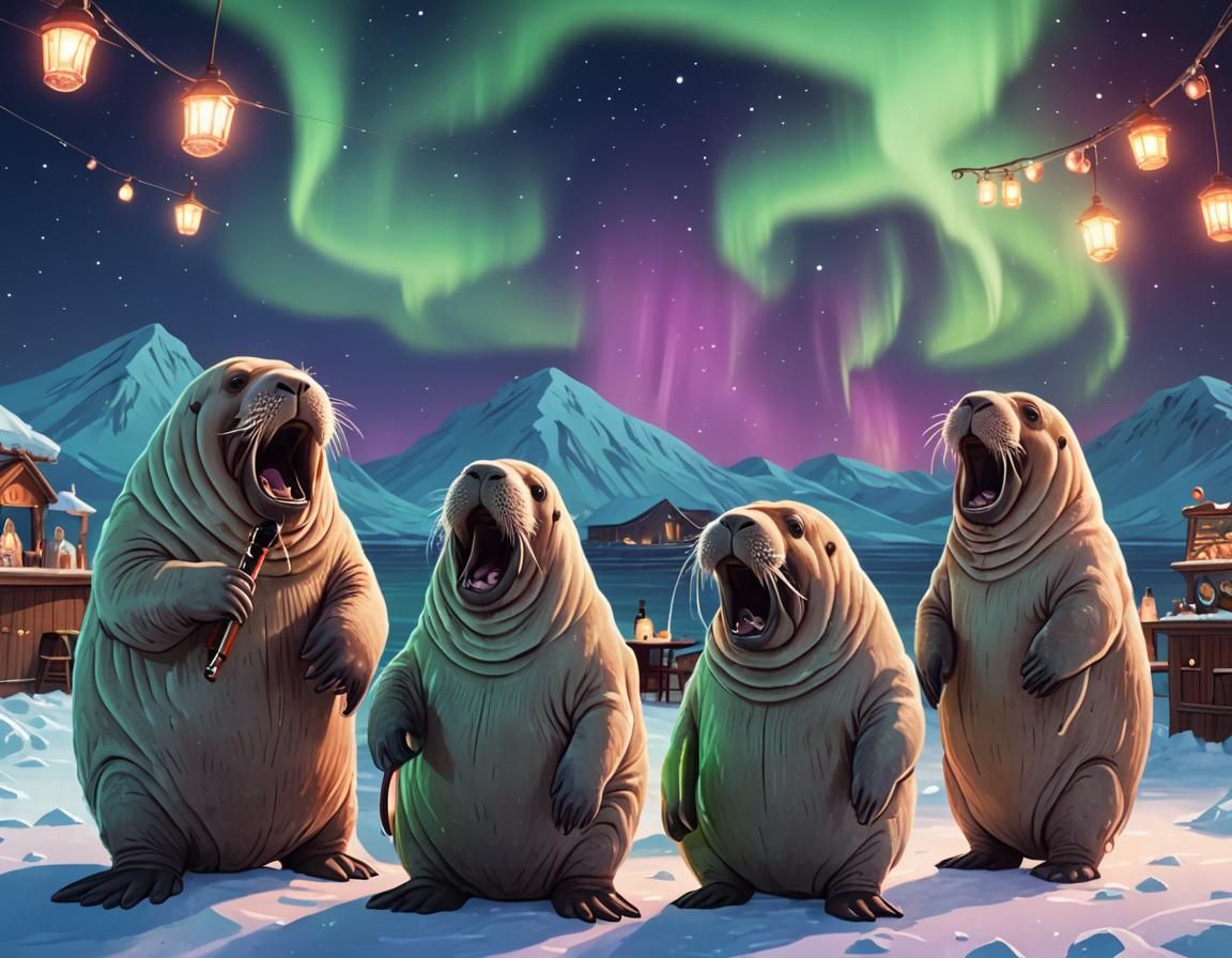 walrus, desolate, icy tundra, aurora borealis