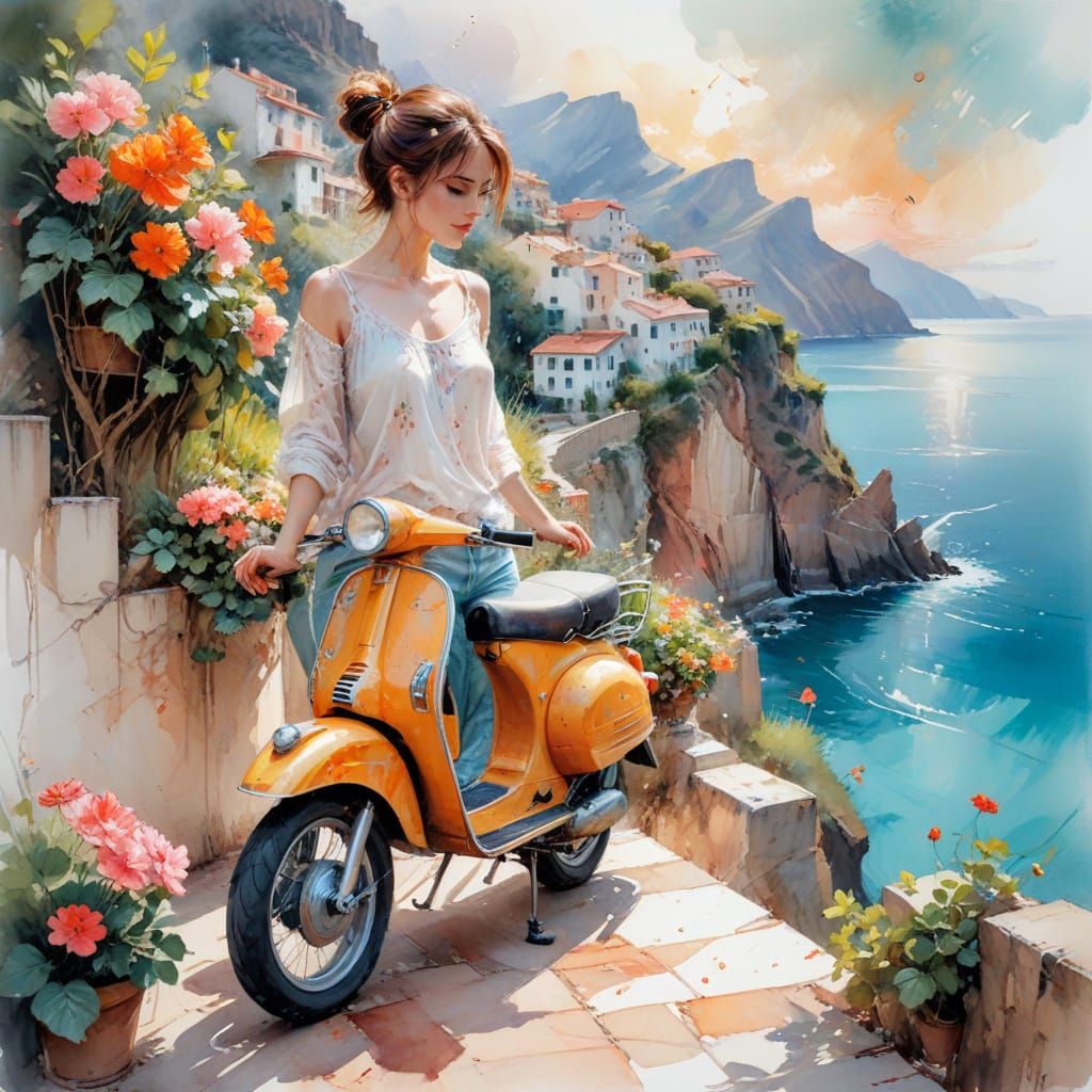 Pastel Cliffside Homes with Geraniums and Lemon Trees