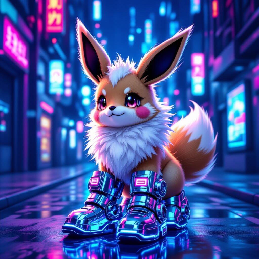 Cute Cyberpunk Eevee with Hover Boots and EMP Gauntlets