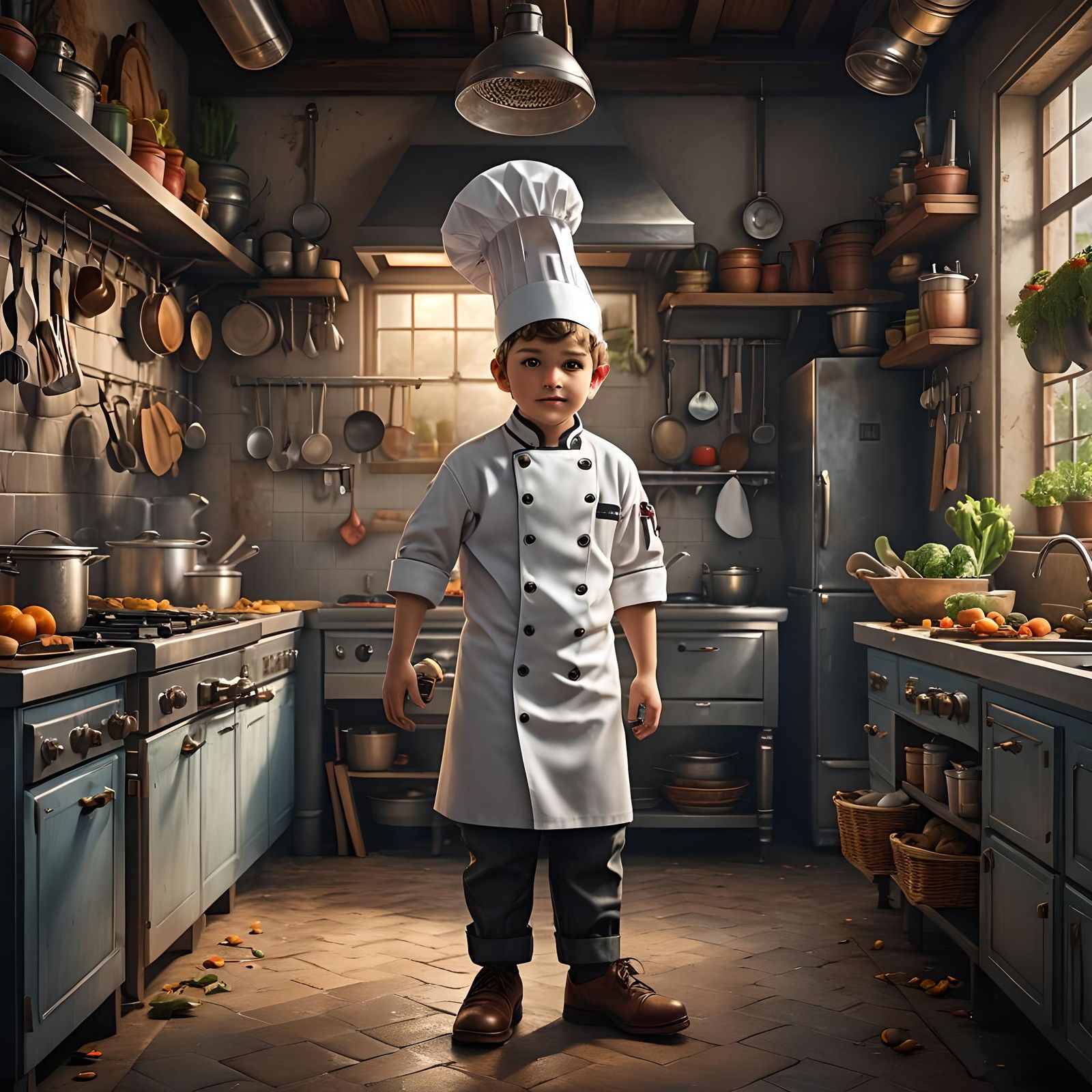 Young Chef in Kitchen: Matte Painting Concept Art