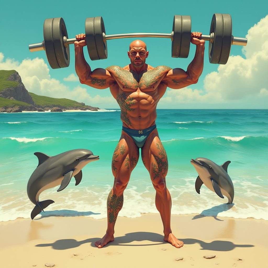 Tattooed Bodybuilder's Beach Workout, Surreal Digital Art