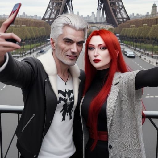 A silver-haired handsome male vampire bares his fangs while he takes a selfie with a red-haired (3.0) human female outsi...