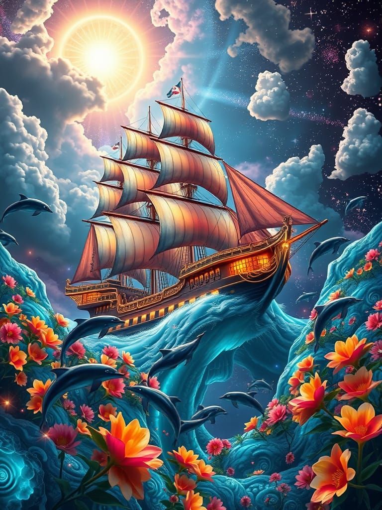 Cosmic Chinese Ship Amidst Bioluminescent Wonders