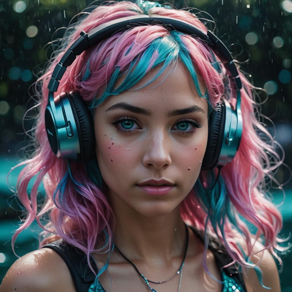 Mermaid with Headphones: Hyper-Realistic Underwater Portrait