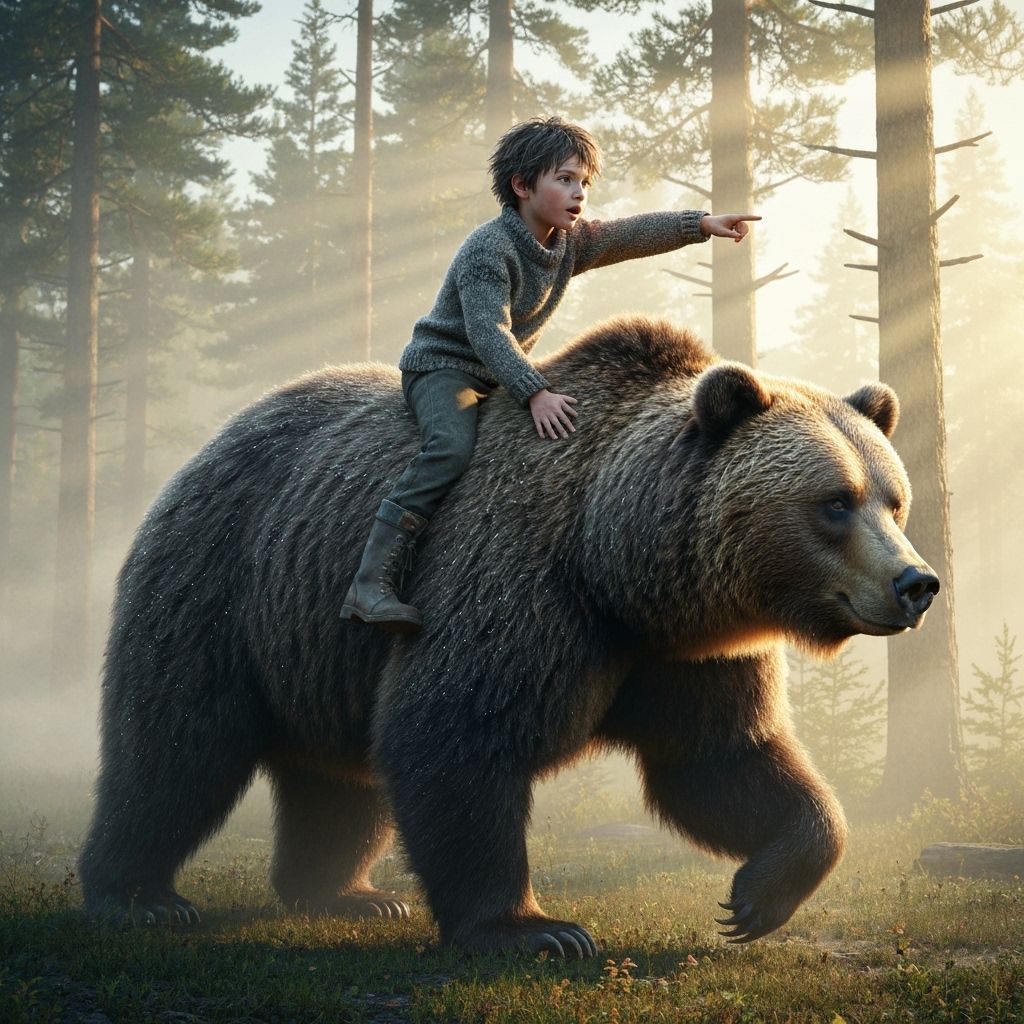 Boy Rides Giant Bear Through Misty Forest