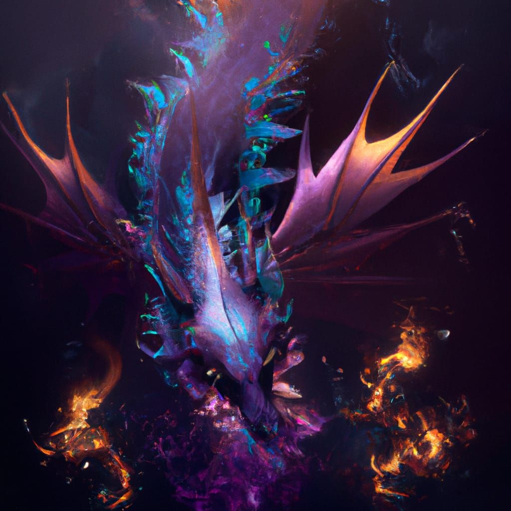 Purple Flaming Rose Dragon in Mixed Media Style