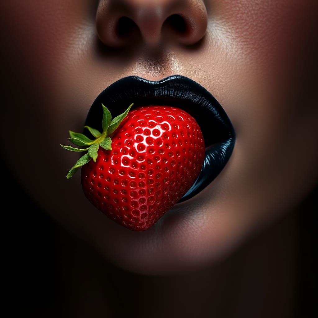 Bold Lips and Luscious Strawberry in High-Contrast Portrait