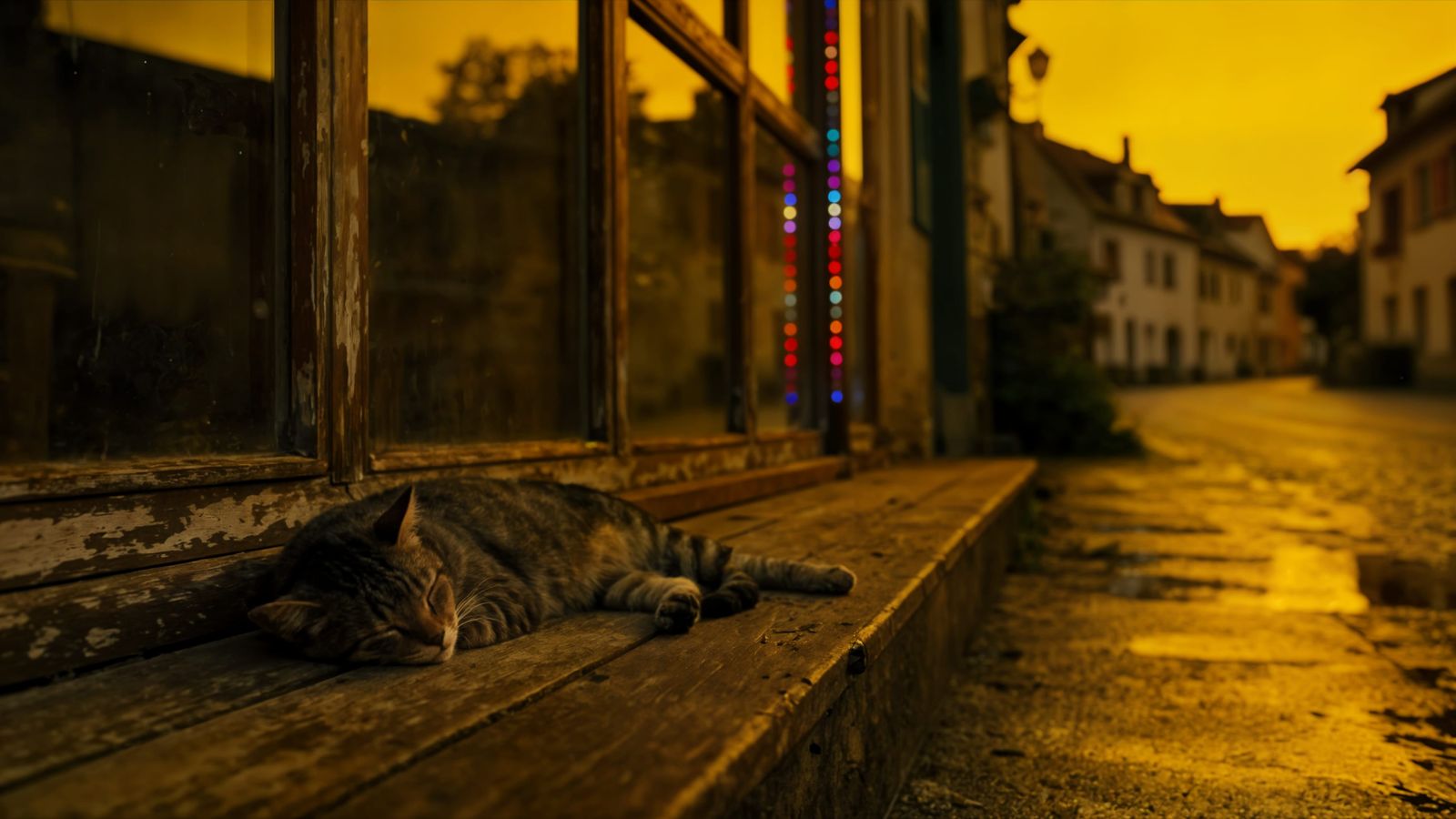 A  cat sleeping peacefully on his side at the stoop of an ol...