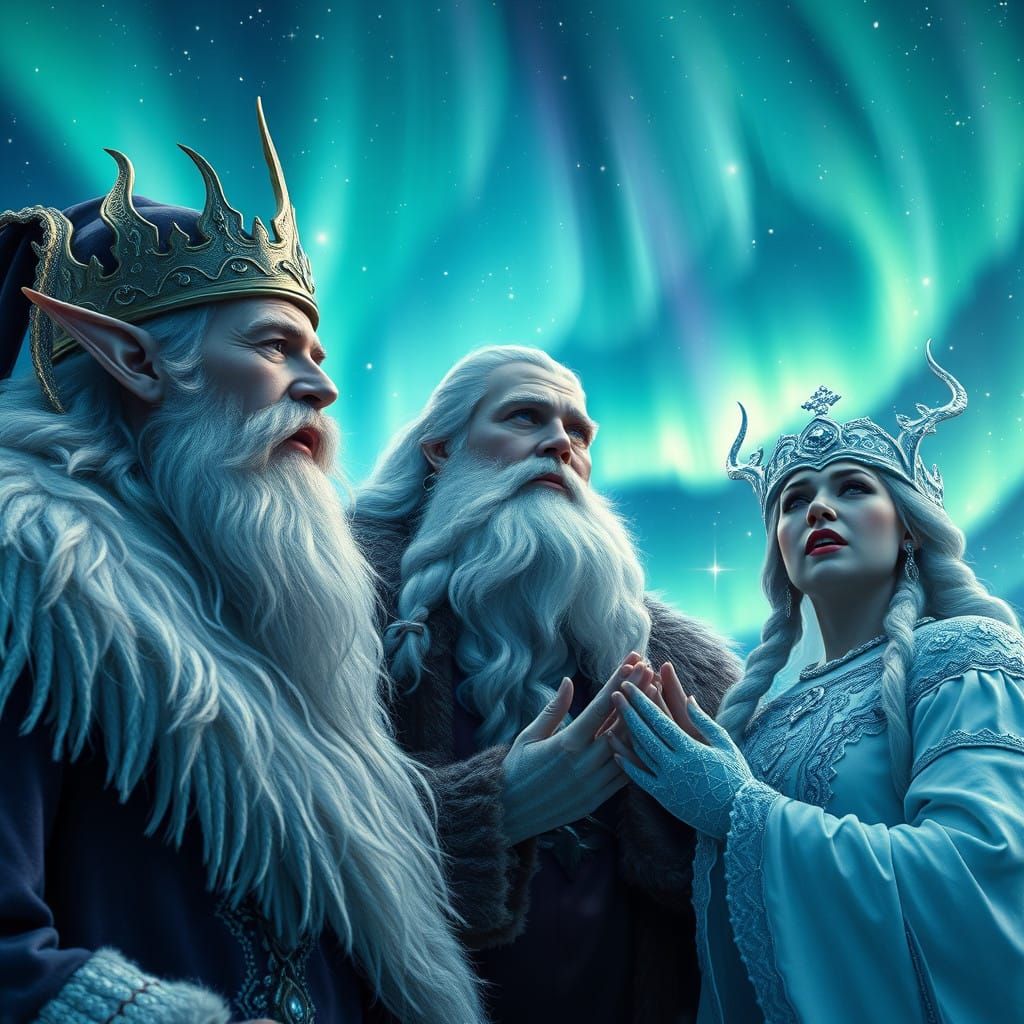 Elegant Elf King and Snow Maiden Harmonize Under Northern Li...