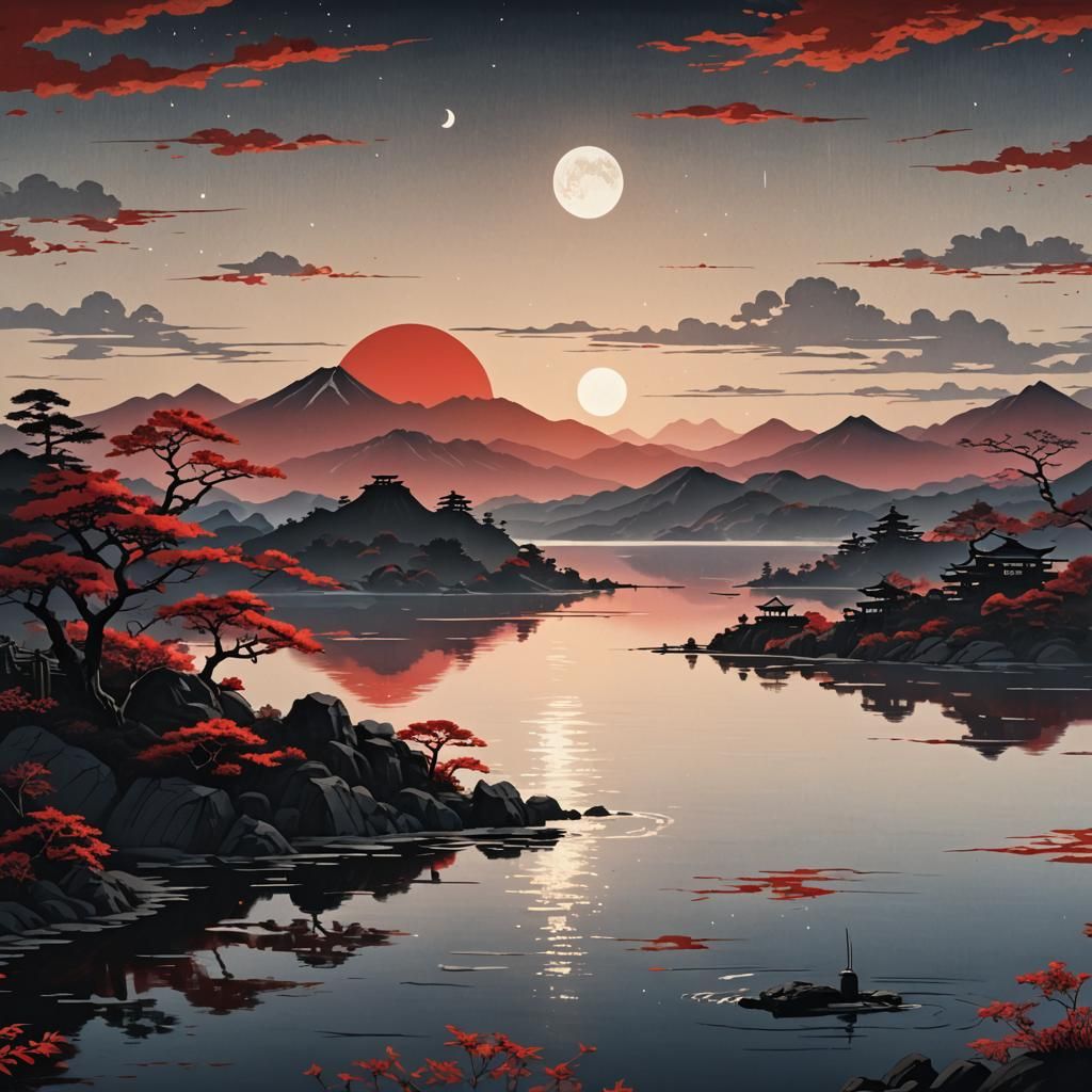 Minimalist Japanese Woodblock Sunset Landscape